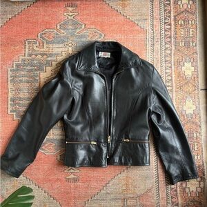 Vintage Red Kid Leather Black Genuine Leather Jacket Petite M